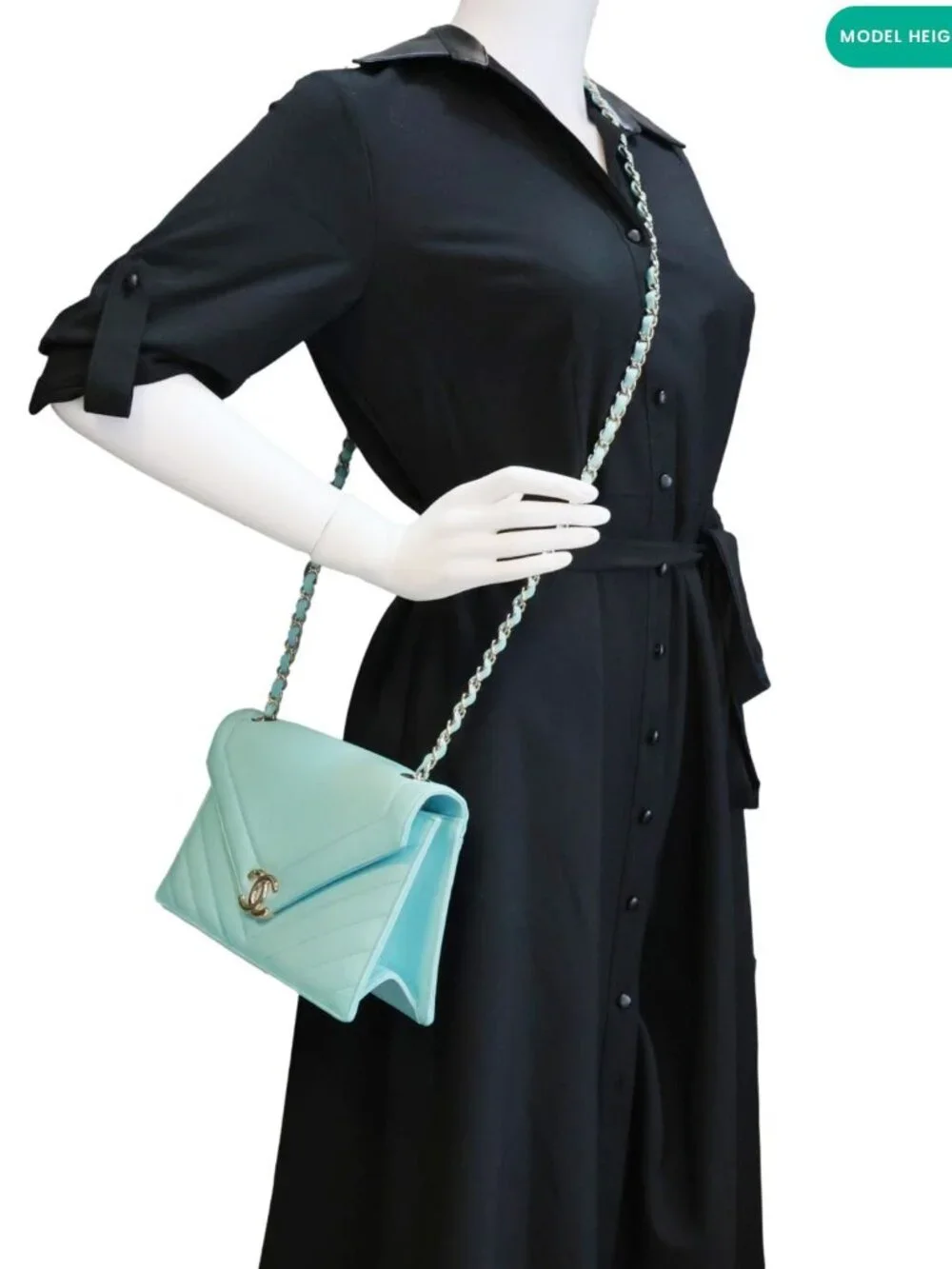 Chanel  Envelope Flap Calfskin Chevron Leather Crossbody Bag Turquoise